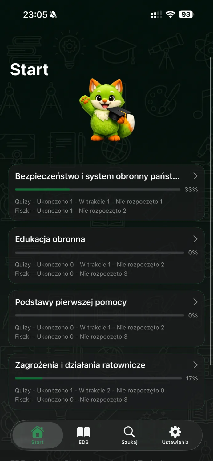 Ekran startowy aplikacji z listą działów EDB i procentem opanowania