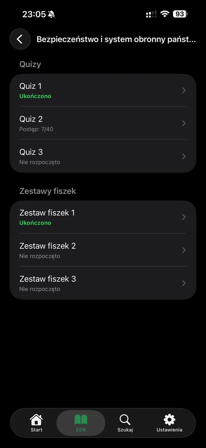 Lista quizów i zestawów fiszek w dziale EDB
