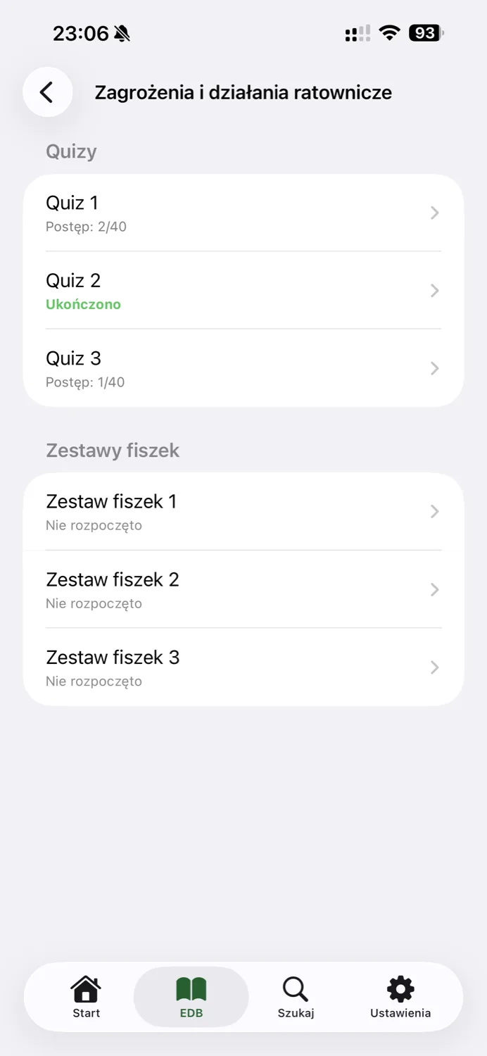 Aplikacja UczSieZLeo: dział EDB Zagrożenia i działania ratownicze z listą quizów i zestawów fiszek oraz ich statusem